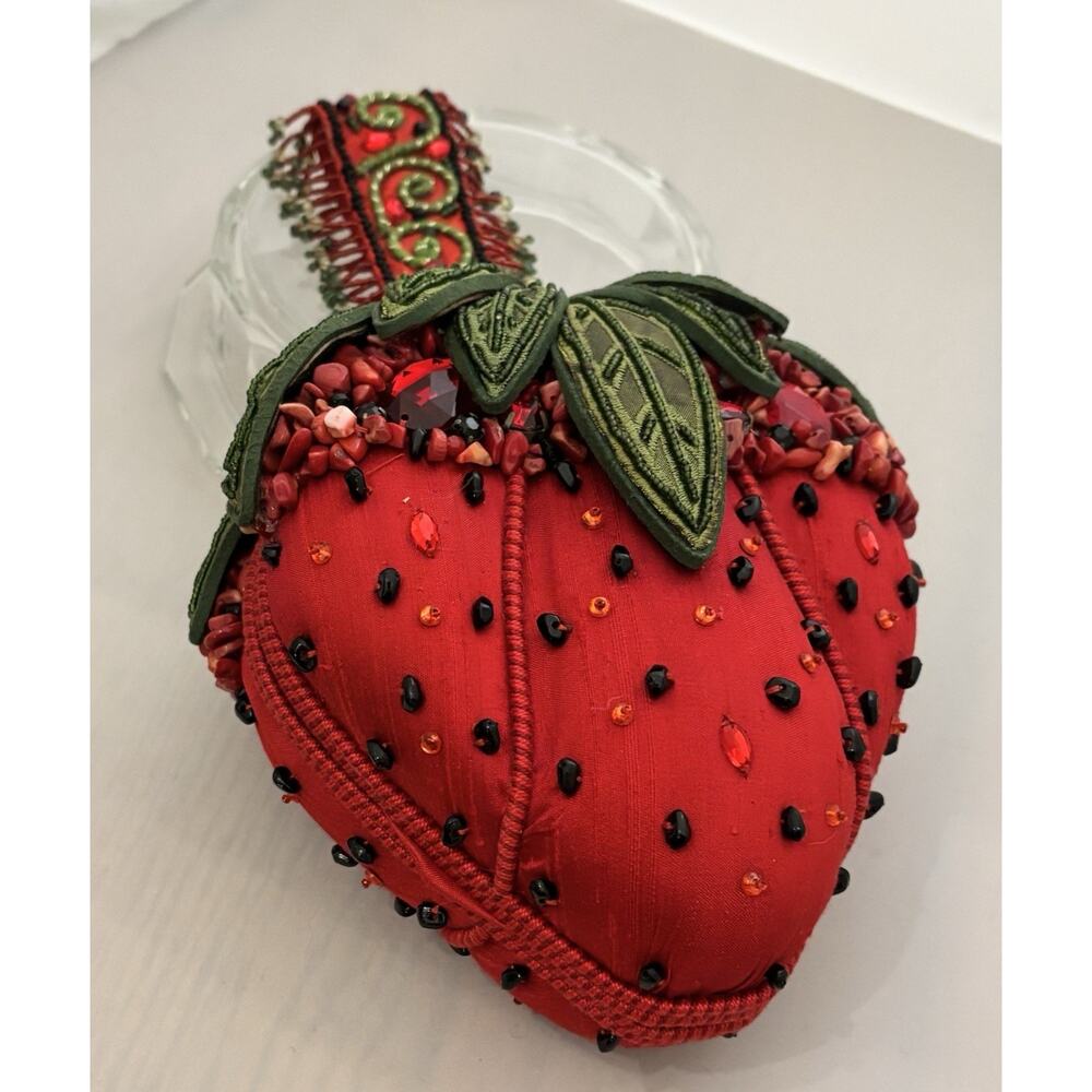 Vintage Mary Frances Red Strawberry Beaded Satin Evening Handbag